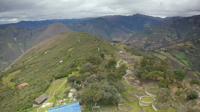 Aerial shot of the round houses at the Kuelap site, Peru