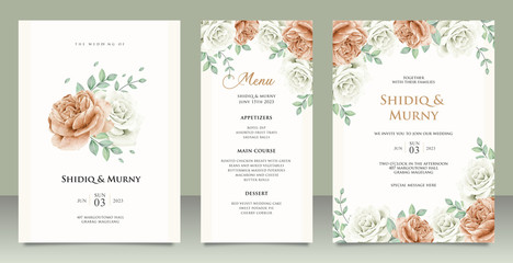 Elegant wedding invitation card template design with peonies