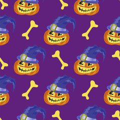 Halloween Decoration Seamless Pattern with Pumpkin and Spider Isolated on Purple Background.