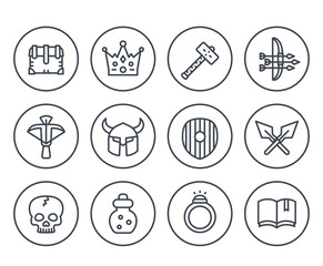 Game line icons on white set 2, armor, crossbow, chest, arrows and bow, potion, crown, war hammer, ring