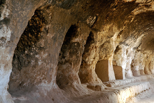 Takht-e Rostam (Takht-e Rustam) is a stupa monastery in northern Afghanistan. Inside the cave monastery showing the cave system. Takht e Rostam is between Mazar i Sharif and Pol e Khomri, Afghanistan.