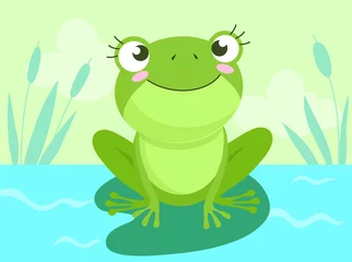 Fotobehang Cartoon Vector of Green cute baby frog baby shower background © RivusDea