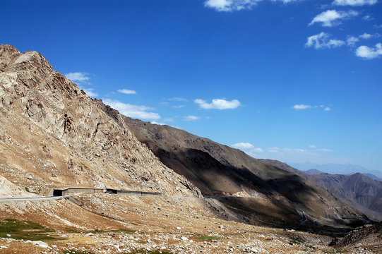 The Salang Pass to the south of the Salang Tunnel in Parwan Province, Afghanistan. This scenic road connects traffic from northern Afghanistan with Kabul and cuts through the Hindu Kush mountains.