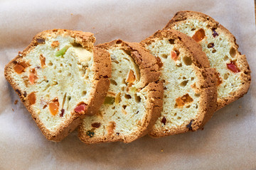 Slices of cake with candied fruit    