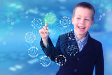 child, boy, in a black business suit businessman shows on a glowing sign an electric car, concept of ecology, pollution and environmental protection, close-up