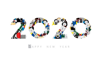 Vector Happy New Year 2020  text design with auto maintenance parts for car mechanic service concept isolated on white background.