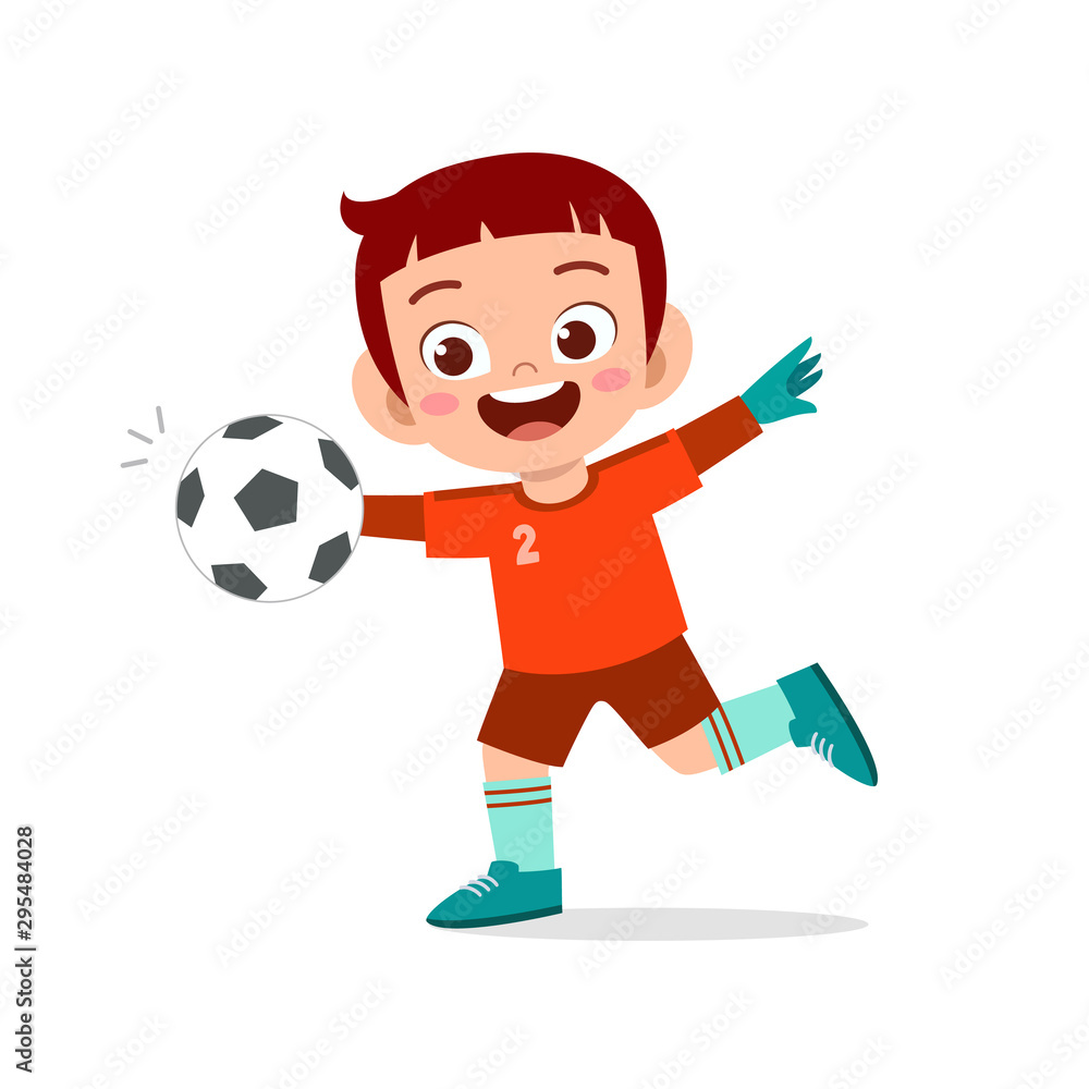 Sticker happy kid boy play soccer as goalkeeper