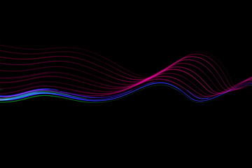Long exposure photograph of neon pink and purple colour in an abstract swirl, parallel lines pattern against a black background. Light painting photography.