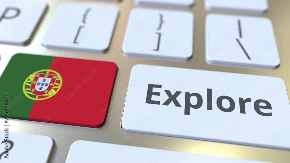 Poster explore word and national flag of portugal on the buttons of the keyboard. 3d animation