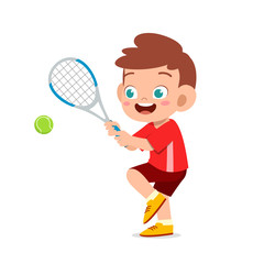 happy cute kid boy play train tennis