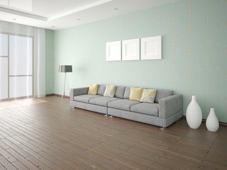 Mock up a stylish living room with a trendy compact sofa and an original  stylish background.