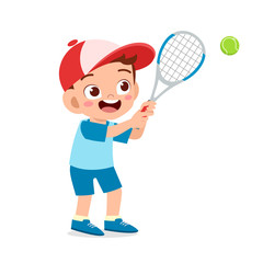 Fototapeta na wymiar happy cute kid boy play train tennis