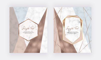Marble geometric design with pink and blue triangular, rose gold foil texture, polygonal lines and frames. Modern background for wedding invitation, banner, card, flyer, poster, save the date
