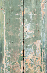 High resolution full frame background of a weathered and faded wooden wall, door or wood panelling, green paint peeled off.