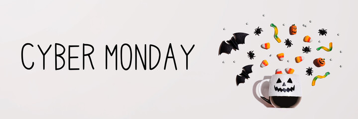 Cyber Monday banner with Halloween ghost mug - flat lay