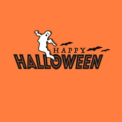 Happy Halloween word with bats and ghost on orange background