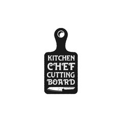 Kitchen cutting board logo, with vintage typography and knife elements underneath.