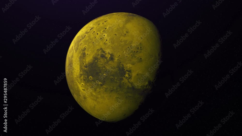 Poster colorful abstraction of unknown yellow planet rotating on black background in space. day and night o