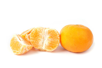 Fresh mandarin orange and peeled fruit isolated on white background