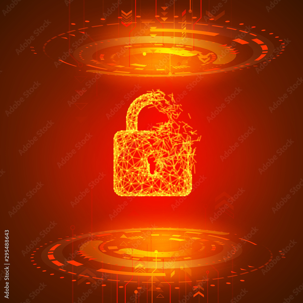 Poster Hacking program or network. Broken padlock on red technology background. Alert from security system. Vector