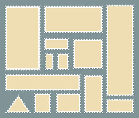 Postage stamp blank with perforated border. Paper postcard of square shape. Template mail postage for post delivery envelope, paper mark. Mockup post stamp. vector illustration eps10