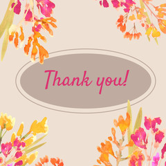 Thank you! Postcard with inscription and flowers.  Element for postcard design and printing, as well as for web design.  