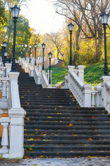 A winding staircase filled with fallen orange leaves, surrounded by yellow trees.