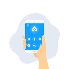 Smart home app, smartphone in hand, vector
