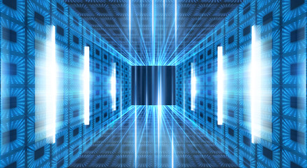 Dark tunnel, corridor. Neon light, reflection of light, lamps on the walls of brick, the old room, illuminated by floodlights. Abstraction with neon. Blue background with m lines and rays.