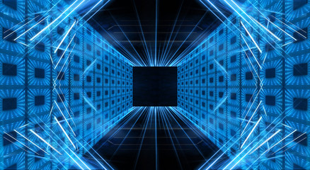 Dark tunnel, corridor. Neon light, reflection of light, lamps on the walls of brick, the old room, illuminated by floodlights. Abstraction with neon. Blue background with m lines and rays.