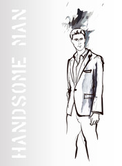 Stylish fashion man. Stylish handsome man in fashion clothes. Sketches on a gray background. Vector illustration.