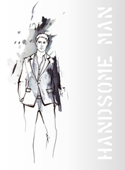 Stylish fashion man. Stylish handsome man in fashion clothes. Sketches on a gray background. Vector illustration.