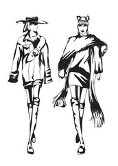 Beautiful young women. Hand drawn stylish woman portrait. Fashion lady. Winter outfit. Sketch. Fashion model posing in coat. Hand drawn fashion woman.