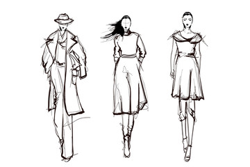 Beautiful young women. Hand drawn stylish woman portrait. Fashion lady. Winter outfit. Sketch. Fashion model posing in coat. Hand drawn fashion woman.