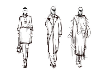 Beautiful young women. Hand drawn stylish woman portrait. Fashion lady. Winter outfit. Sketch. Fashion model posing in coat. Hand drawn fashion woman.