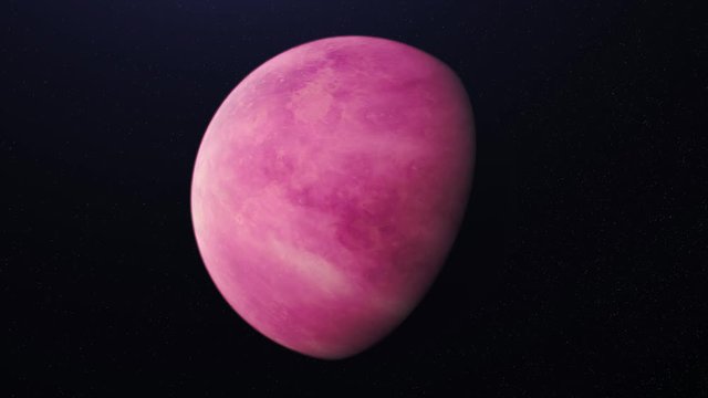 Abstract animation of unknown pink planet rotating in outer space. Animation. Abstract pink planet orbiting in space with evolving atmosphere and stars