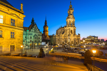 Fototapeta na wymiar Cathedral of the Holy Trinity and Dresden Castle in Saxony at dusk, Germany