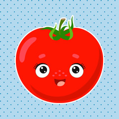 Obraz premium Funny red tomato with kawaii face. Coloring, sticker, postcard, scrapbooking, products for children.