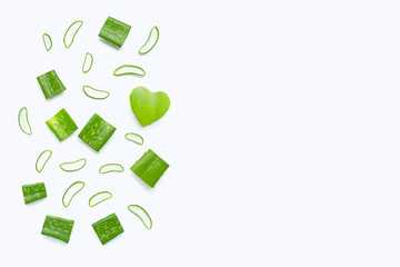Aloe Vera cut pieces with slices on white background. Copy space