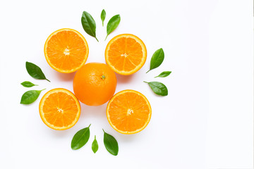 Fresh orange citrus fruit with leaves isolated on white background.