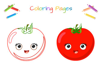 Funny red tomato with kawaii face. Coloring, sticker, postcard, scrapbooking, products for children.