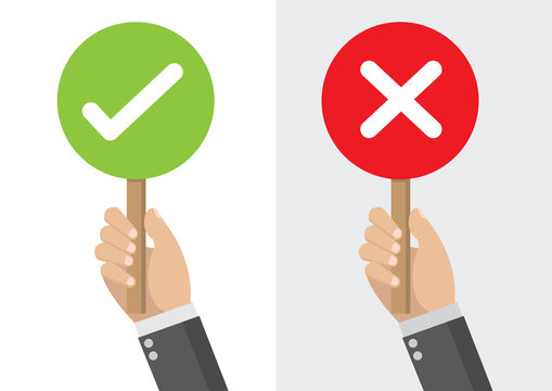 Businessman hand hold signboard Green check mark and red X mark Right and Wrong for feedback.
