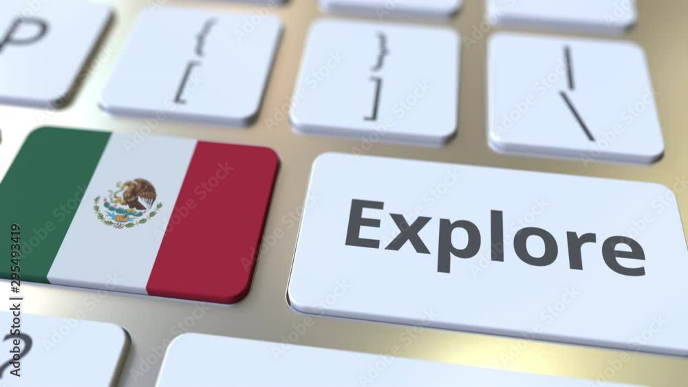 Poster explore word and national flag of mexico on the buttons of the keyboard. 3d animation