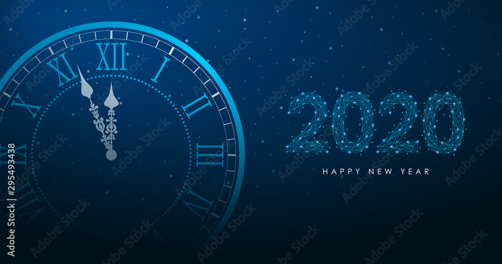 Poster new year and merry christmas illustration with round clock and 2020 number by polygonal wireframe me