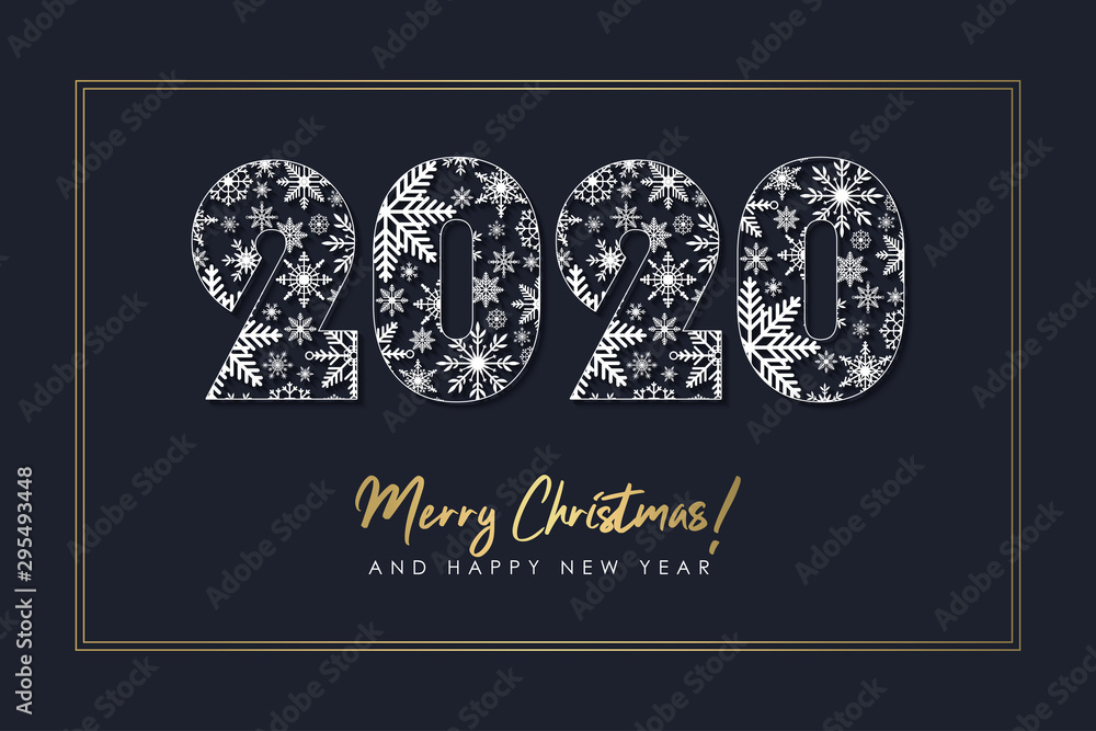 Poster new year and christmas illustration with 2020 number made of snowflakes and gold frame. design for h