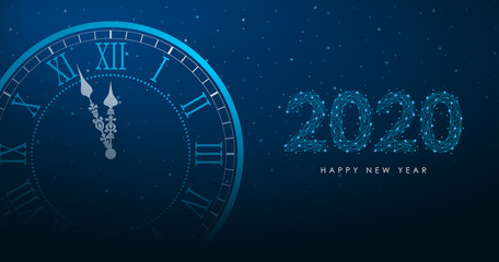 New Year and Merry Christmas illustration with round clock and 2020 number by polygonal wireframe mesh on night sky. Low poly greeting card, holiday banner with watch. Vector.