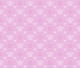 Seamless decorative wallpaper in delicate pink colors for your design. Simple retro style with royal crowns. Vector image
