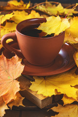 Autumn, fall leaves, hot cup of coffee on wooden table background