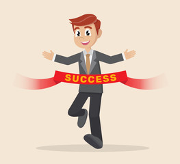 Running businessman crosses a finish line red ribbon.