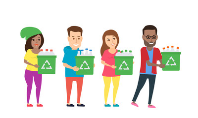 eco volunteers men and women holding containers with plastic bottles waste recycling